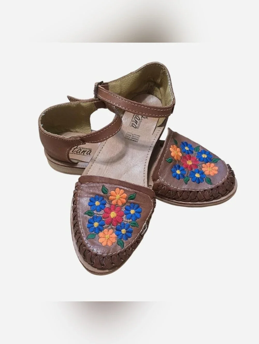 Handcrafted Brown Leather Espadrilles with Floral Embroidery